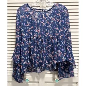 Crave Fame Floral Sheer/Chiffon Keyhole Long Bell Sleeve Size L Flowy Boho